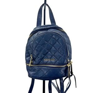 Michael Kors Rhea XS Quilted Leather Backpack Navy Blue Gold Tone Hardware